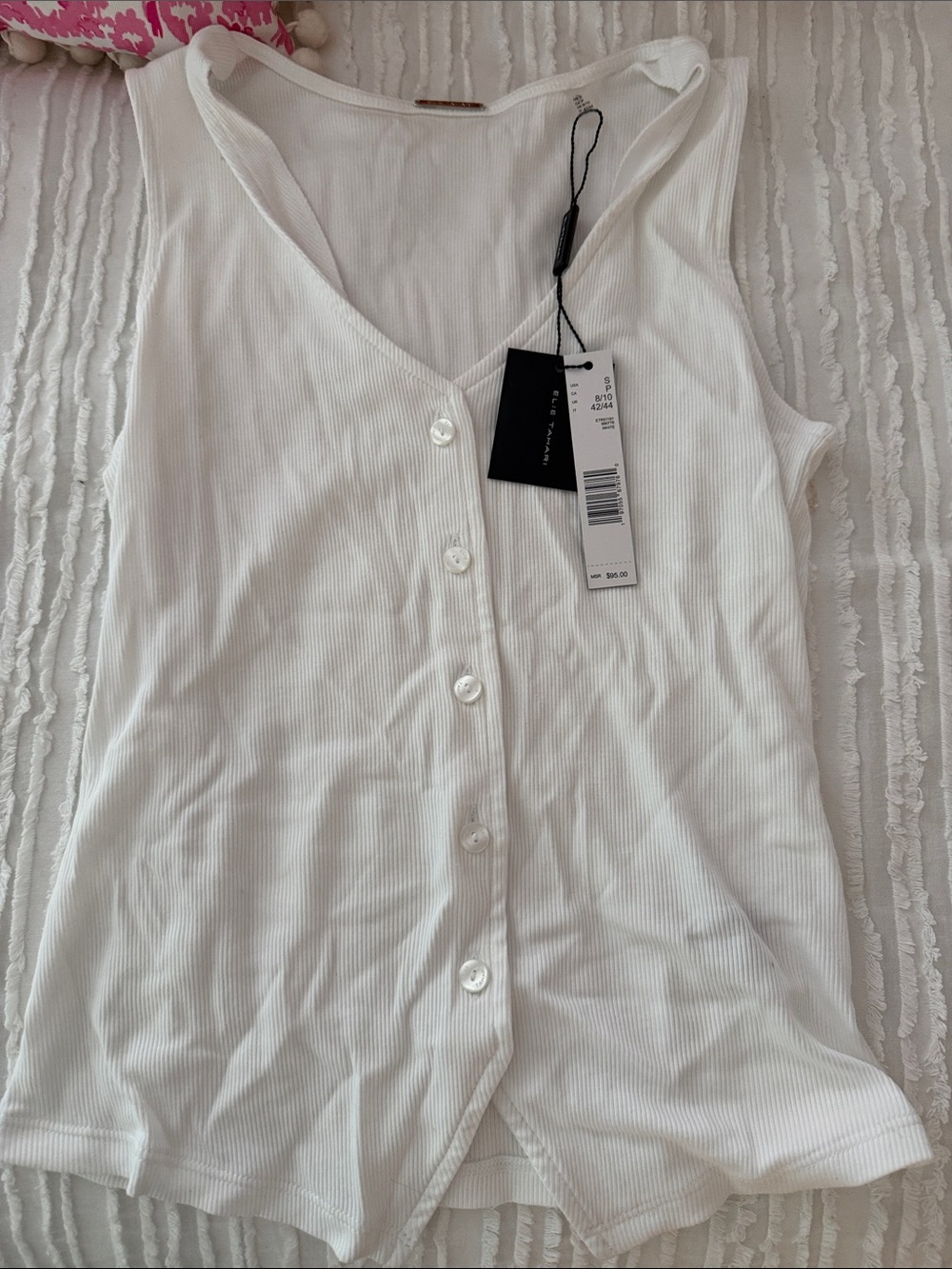 Elie Tahari White Ribbed Button-Front Tank